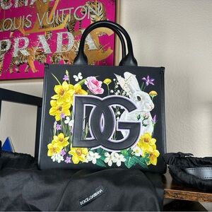 NWT Dolce & Gabbana Black Floral DG Leather Satchel Tote